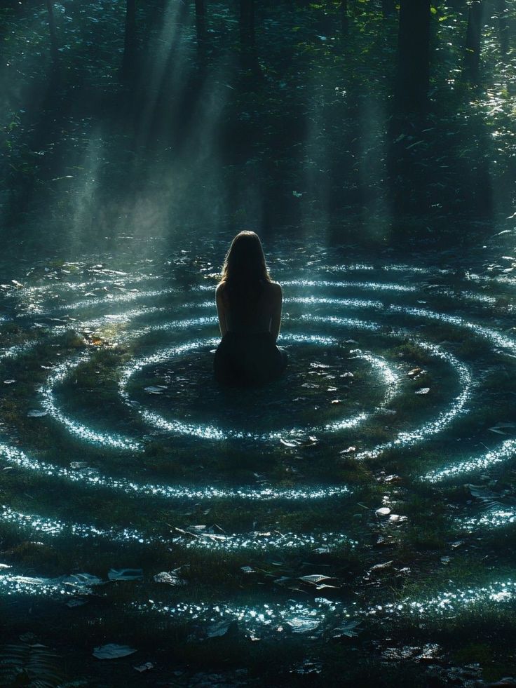 Mulher sentada em círculos de luz na floresta